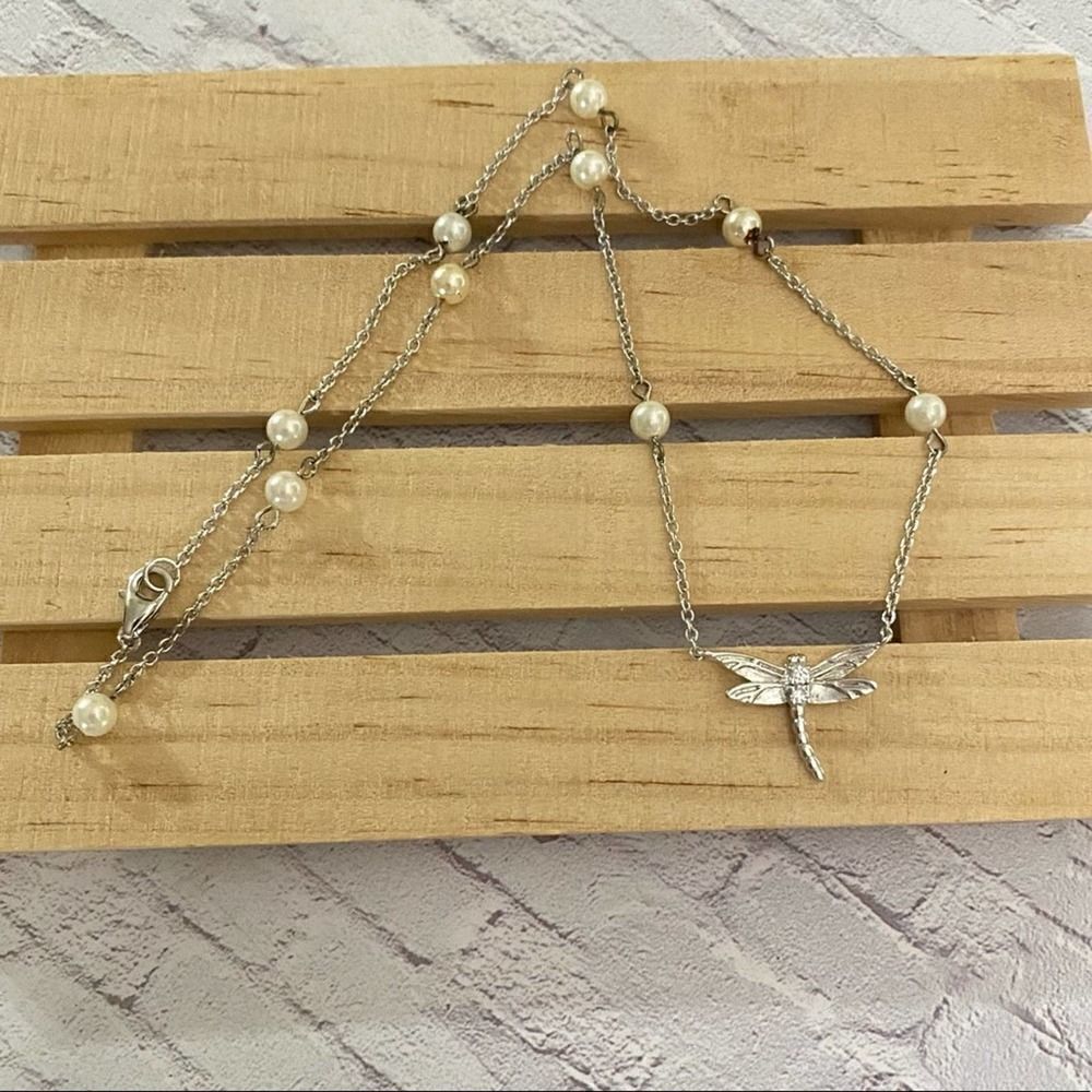 Sterling Silver Dragonfly CZ Pearl Necklace